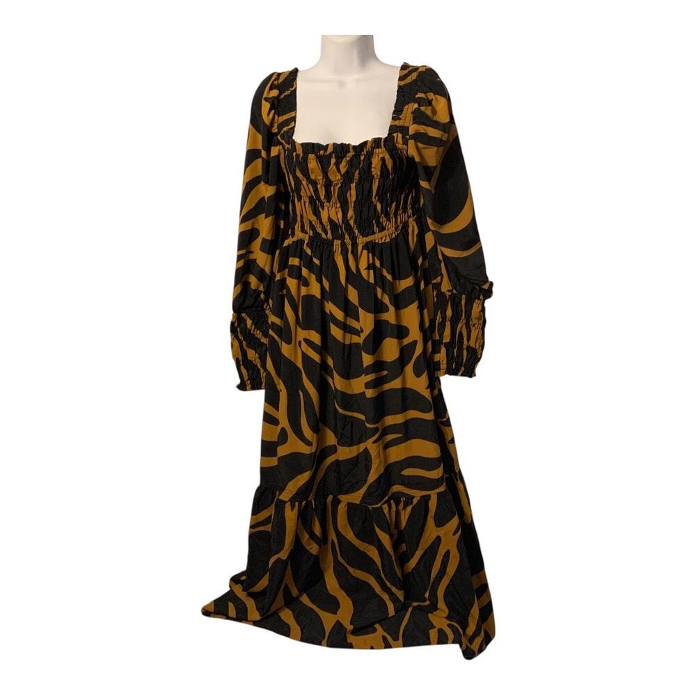 TOPSHOP Shirred Long Sleeve Maxi Dress In Black Brown Multi - Picture 12 of 14